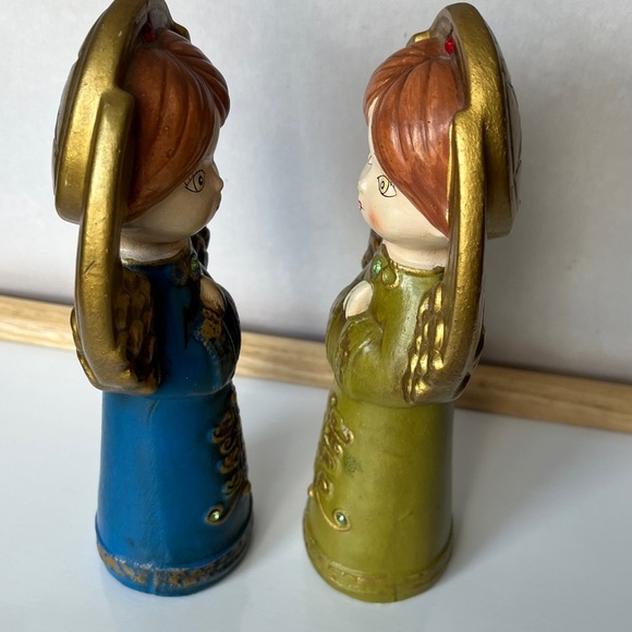 Vintage Japan Angel Figurines Pair Blue Green Gold Halo Praying Christmas Decor - Picture 6 of 13